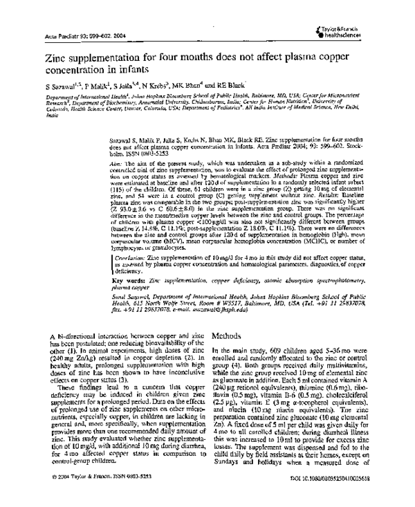 (PDF) Zinc supplementation for four months does not affect plasma
