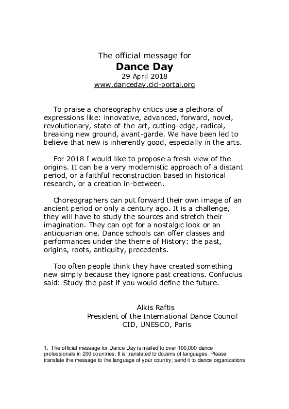 (DOC) The official message for Dance Day 2018
