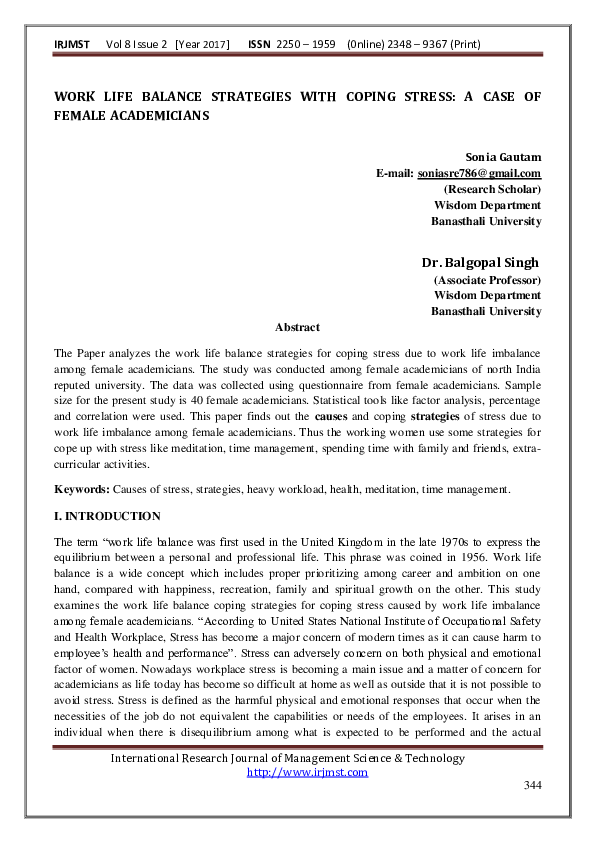 (PDF) WORK LIFE BALANCE STRATEGIES WITH COPING STRESS: A CASE OF FEMALE ...