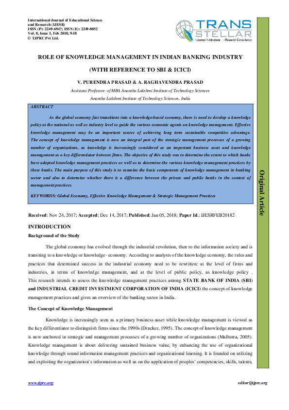 (PDF) ROLE OF KNOWLEDGE MANAGEMENT IN INDIAN BANKING INDUSTRY (WITH ...
