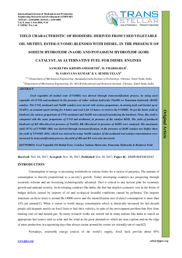 (PDF) YIELD CHARACTERISTIC OF BIODIESEL DERIVED FROM USED VEGETABLE OIL