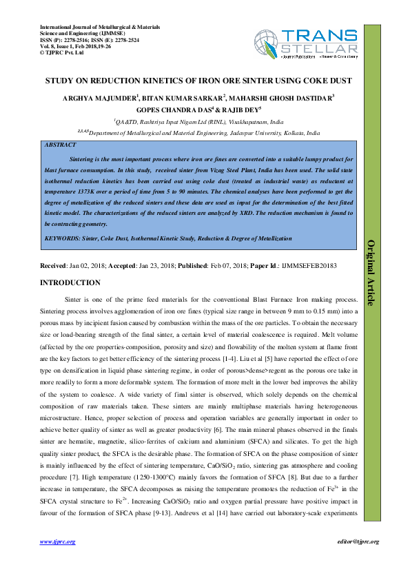 (PDF) STUDY ON REDUCTION KINETICS OF IRON ORE SINTER USING COKE DUST
