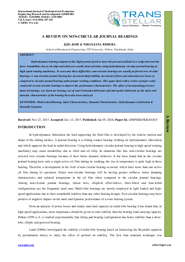 (PDF) A REVIEW ON NONCIRCULAR JOURNAL BEARINGS TJPRC Publication