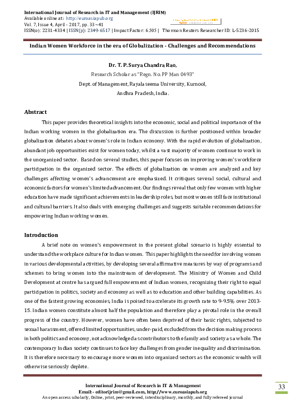 (PDF) 33 Indian Women Workforce in the era of Globalization -Challenges ...
