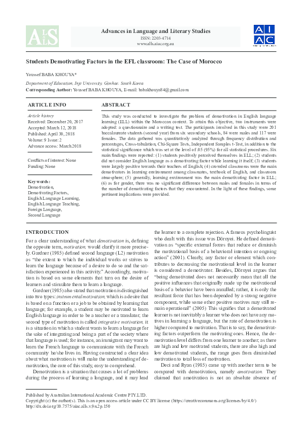 (PDF) Students Demotivating Factors in the EFL classroom: The Case of ...
