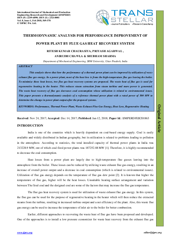 (PDF) THERMODYNAMIC ANALYSIS FOR PERFORMANCE IMPROVEMENT OF POWER PLANT ...