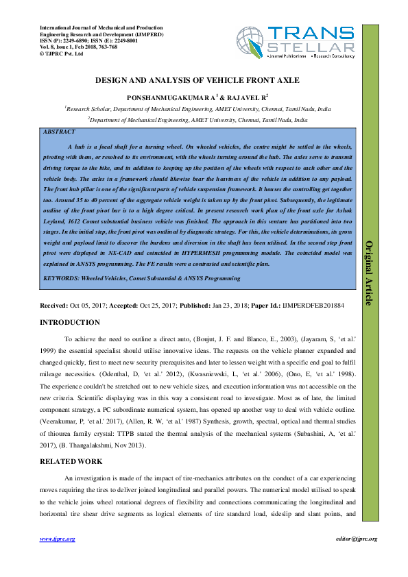 (PDF) DESIGN AND ANALYSIS OF VEHICLE FRONT AXLE