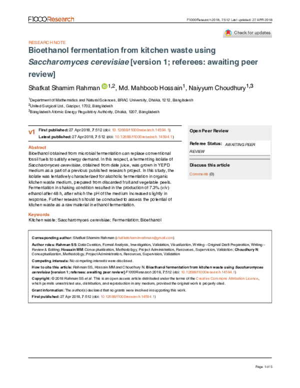 (PDF) Bioethanol fermentation from kitchen waste using Saccharomyces ...