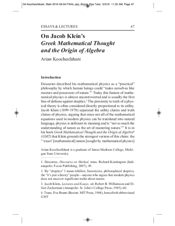  pdf on jacob klein s greek mathematical thought and the origin of algebra