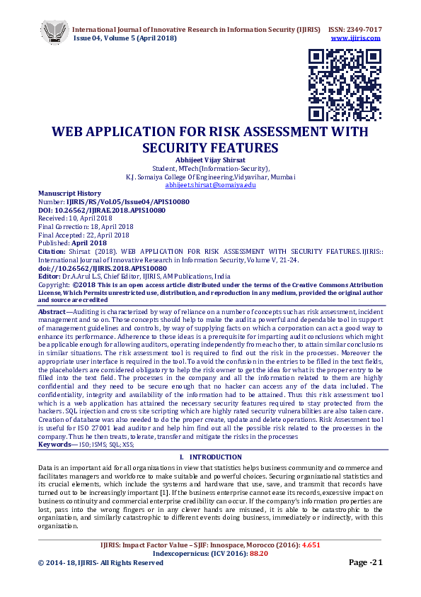 (PDF) WEB APPLICATION FOR RISK ASSESSMENT WITH SECURITY FEATURES