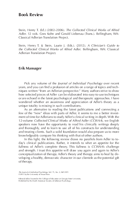 (PDF) BOOK REVIEW: The Collected Clinical Works of Alfred Adler. 12 ...