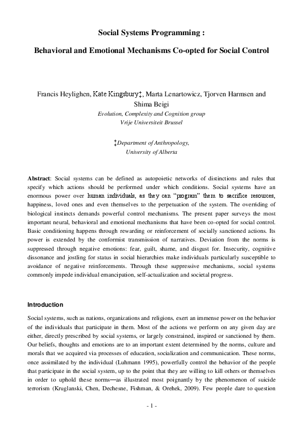 (DOC) Social Systems Programming : Behavioral and Emotional Mechanisms ...