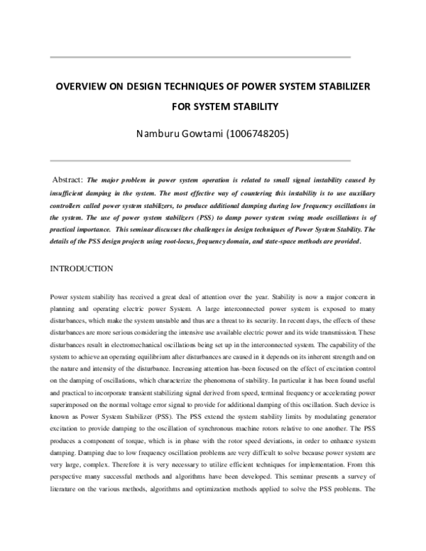 (PDF) OVERVIEW ON DESIGN TECHNIQUES OF POWER SYSTEM STABILIZER FOR