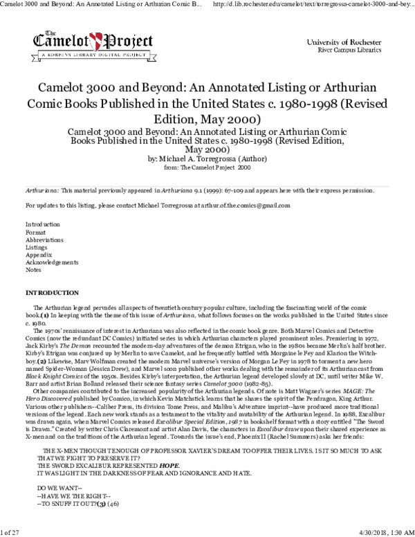 2000: “Camelot 3000 and Beyond: An Annotated Listing of Arthurian Comic Books Published in the United States c. 1980-1998 (Revised Edition, May 2000)”