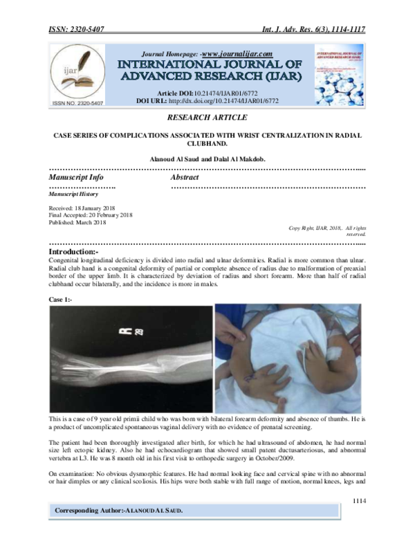 (PDF) CASE SERIES OF COMPLICATIONS ASSOCIATED WITH WRIST CENTRALIZATION ...