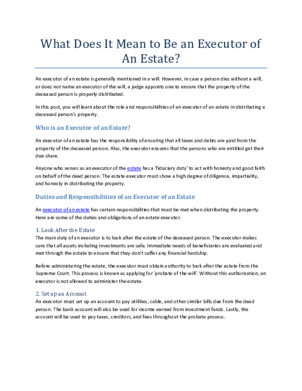 (DOC) What Does It Mean to Be an Executor of An Estate Leona Zoey