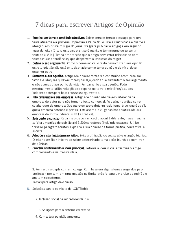 (DOC) Dicas para escrever Artigos de Opinião