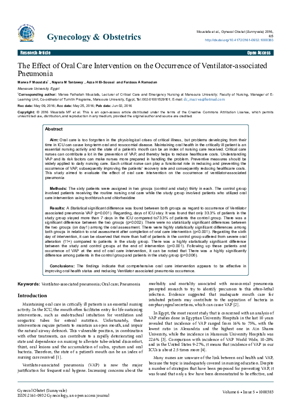 (PDF) Preventing VentilatorAssociated Pneumonia in Intensive Care Unit by improved Oral Care a