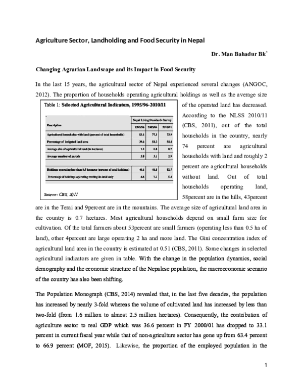 (PDF) Agriculture Sector, Landholding and Food Security in Nepal