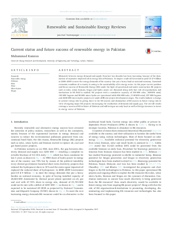 (PDF) Current status and future success of renewable energy in Pakistan