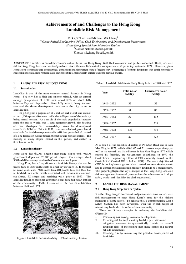(PDF) Achievements of and Challenges to the Hong Kong Landslide Risk ...