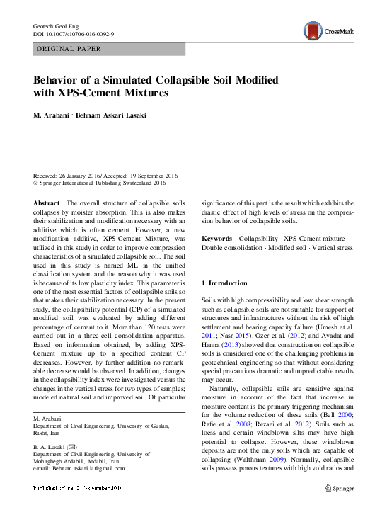(PDF) Behavior of a Simulated Collapsible Soil Modified with XPS-Cement ...
