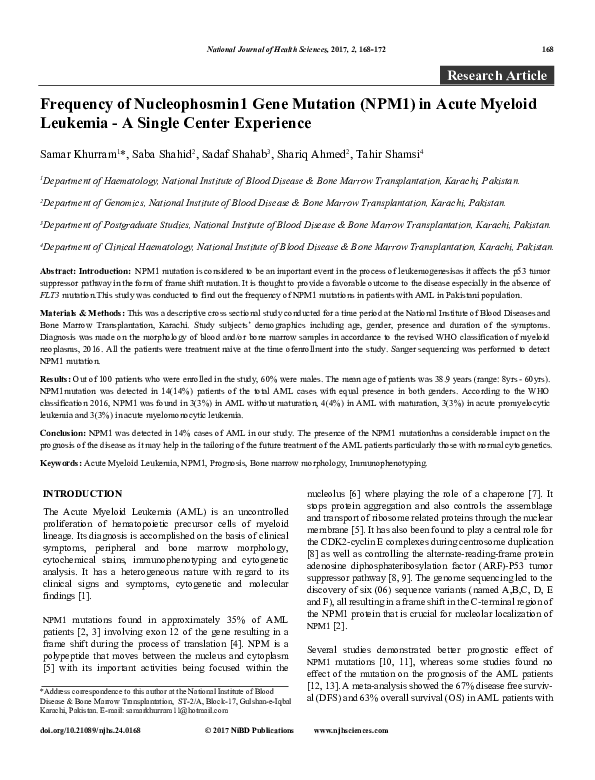 (PDF) Frequency of Nucleophosmin1 Gene Mutation (NPM1) in Acute Myeloid ...