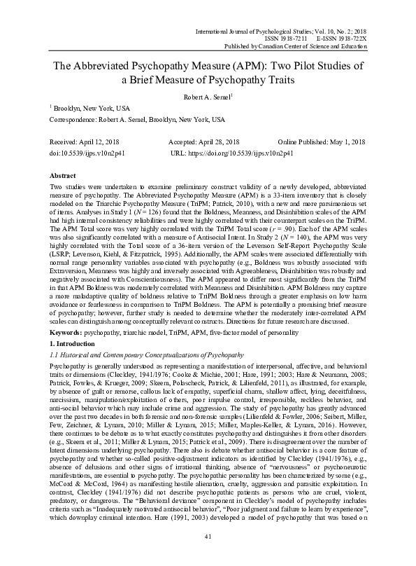 (PDF) The Abbreviated Psychopathy Measure (APM): Two Pilot Studies of a ...