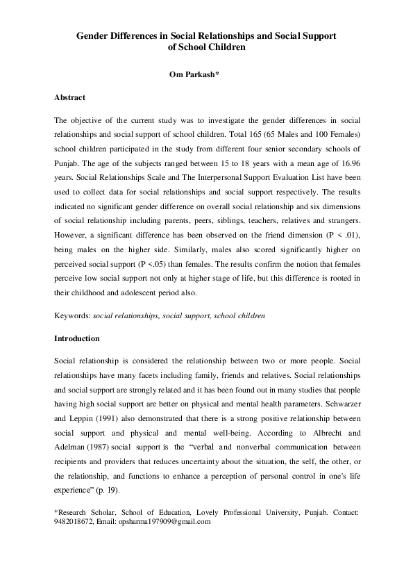 (DOC) Gender Differences in Social Relationships and Social Support of ...