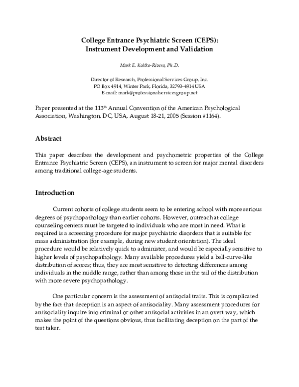 (PDF) College Entrance Psychiatric Screen (CEPS): Instrument ...