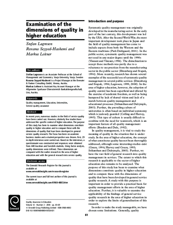 (PDF) Examination of the dimensions of quality in higher education