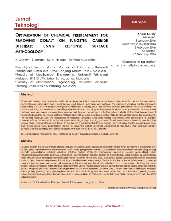 PDF) OPTIMIZATION OF CHEMICAL PRETREATMENT FOR REMOVING COBALT ON 