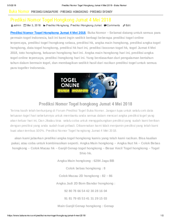 Pdf) Prediksi Nomor Togel Hongkong Jumat 4 Mei 2018 Buka Nomor | Tanti Febi  - Academia.edu