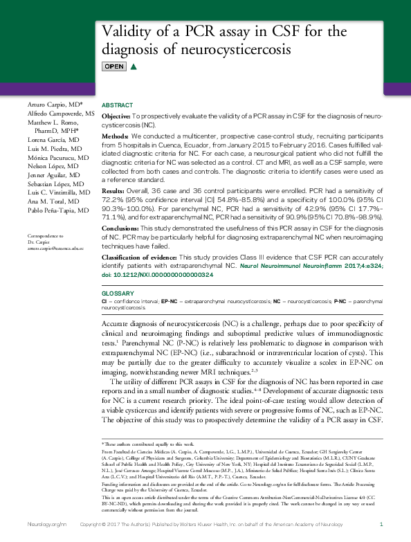 (PDF) Validity of a PCR assay in CSF for the diagnosis of ...