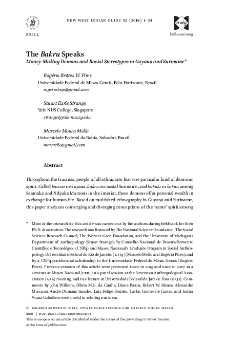 First page of “The Bakru Speaks: Money-Making Demons and Racial Stereotypes in Guyana and Suriname”