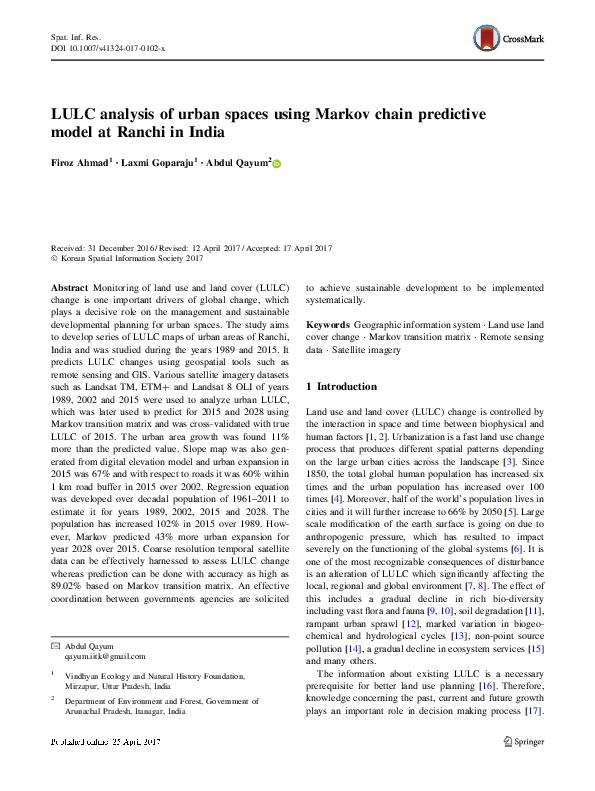 (PDF) LULC analysis of urban spaces using Markov chain predictive model ...