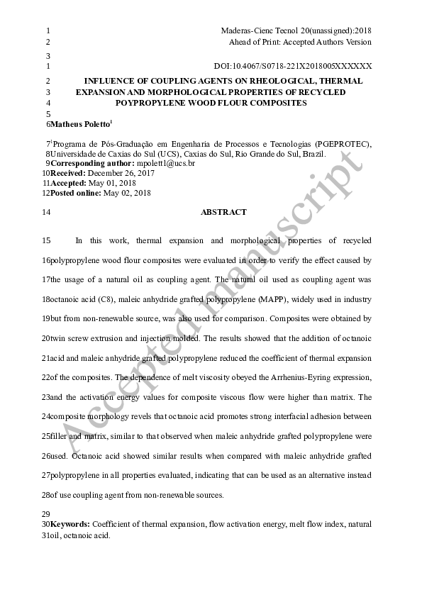 (DOC) Influence of coupling agents on rheological, thermal expansion