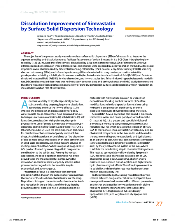 (PDF) Dissolution Improvement of Simvastatin by Surface Solid ...