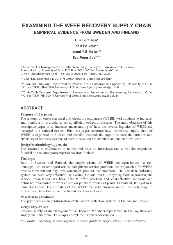 (PDF) Examining the WEEE Recovery Supply Chain: Empirical Evidence from ...