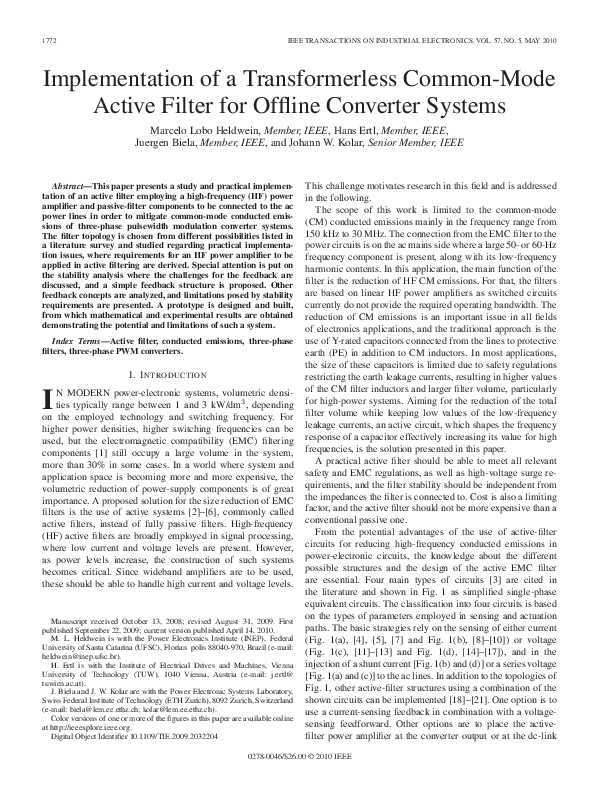 (PDF) Implementation of a Transformerless Common-Mode Active Filter for ...