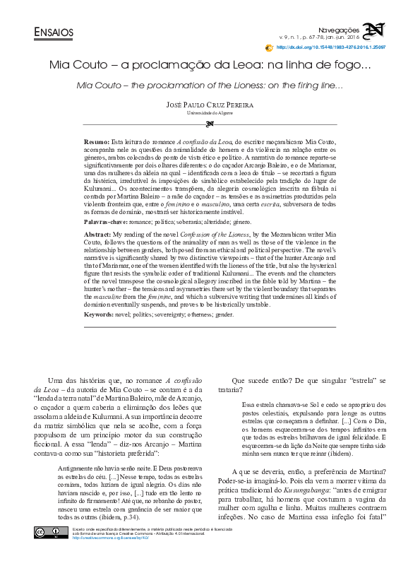 (PDF) Sobre a incondição do feminino, em A CONFISSAO DA LEOA, de Mia Couto