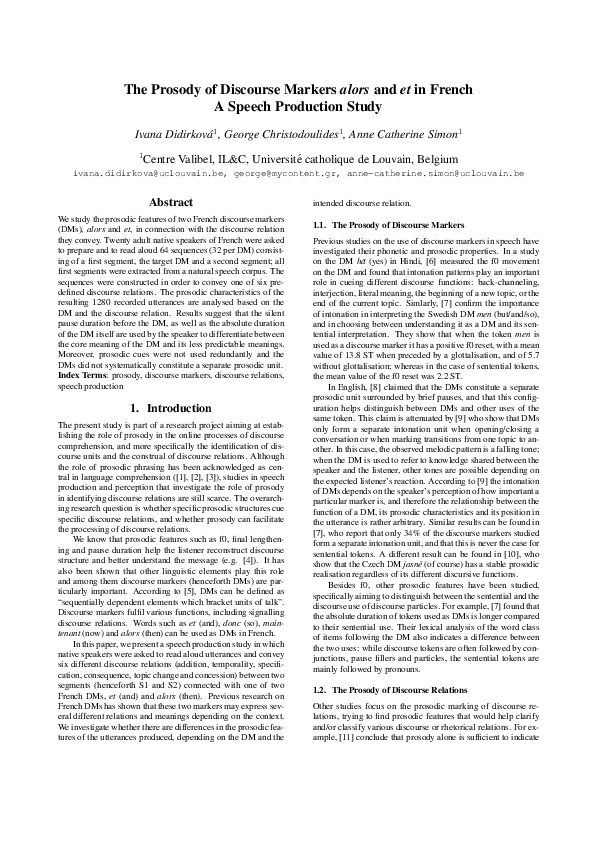 (PDF) The Prosody of Discourse Markers alors and et in French. A Speech ...
