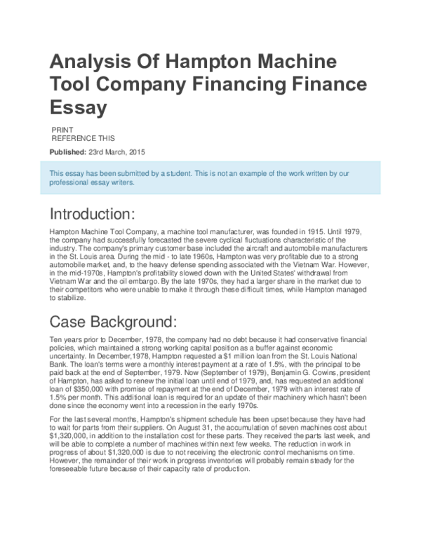 (DOC) Analysis Of Hampton Machine Tool Company Financing Finance Essay
