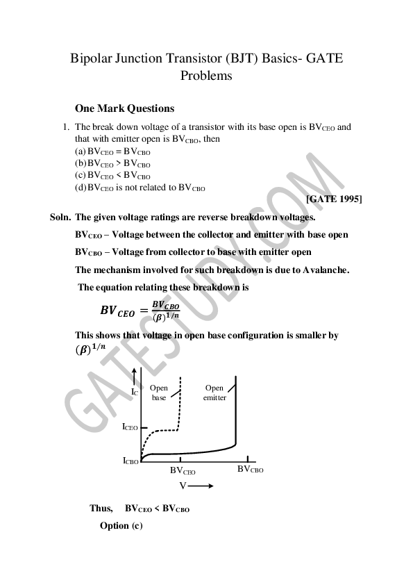 (PDF) Bipolar Junction Transistor (BJT) BasicsGATE Problems One Mark