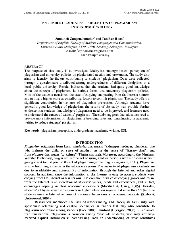 (PDF) ESL UNDERGRADUATES' PERCEPTION OF PLAGIARISM IN ACADEMIC WRITING