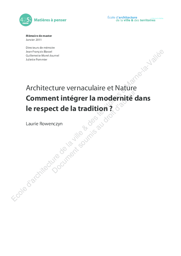 Pdf Architecture Vernaculaire Et Nature Comment Integrer La Modernite Dans Le Respect De La Tradition Amina Mina Academia Edu