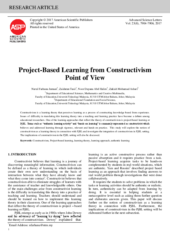 Pdf Project Based Learning From Constructivism Point Of View