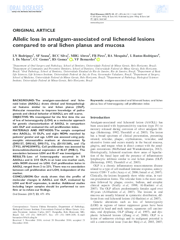(PDF) Allelic loss in amalgamassociated oral lichenoid lesions