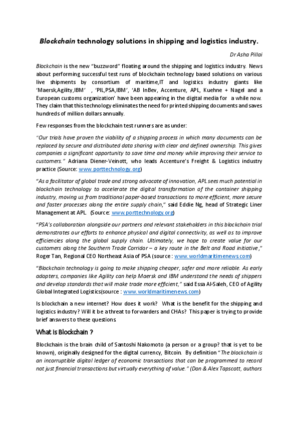 (PDF) Blockchain technology solutions in shipping and logistics industry