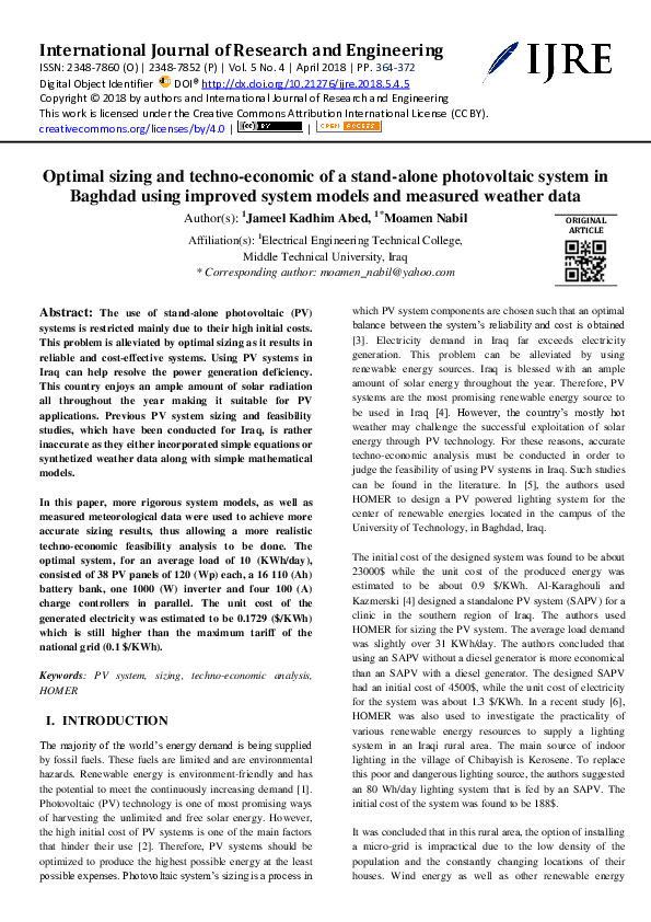 (PDF) Optimal sizing and techno-economic of a stand-alone photovoltaic ...